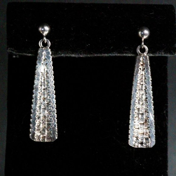 Sterling Silver Weave Woven Triangular Long Dangly Earrings - Picture 4 of 6